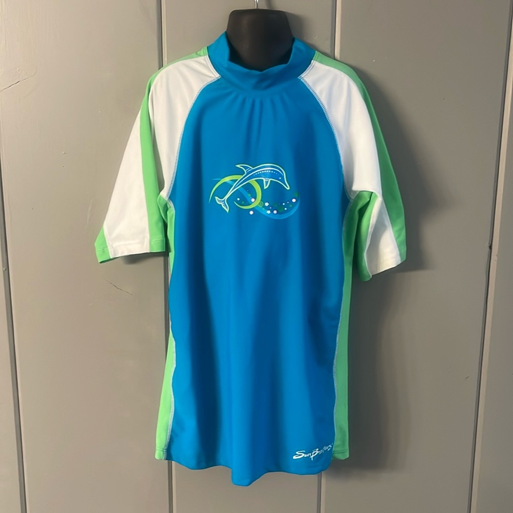 NWT Sun Busters Rash Guard Blue Green Dolphin Youth Unisex UPF +50 Beach Swim